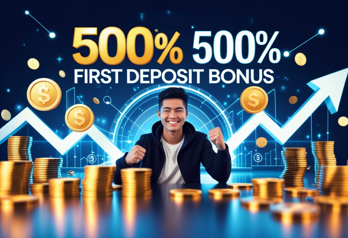 A person celebrating success with digital coins and graphs glowing around them, symbolizing financial growth and bonuses.