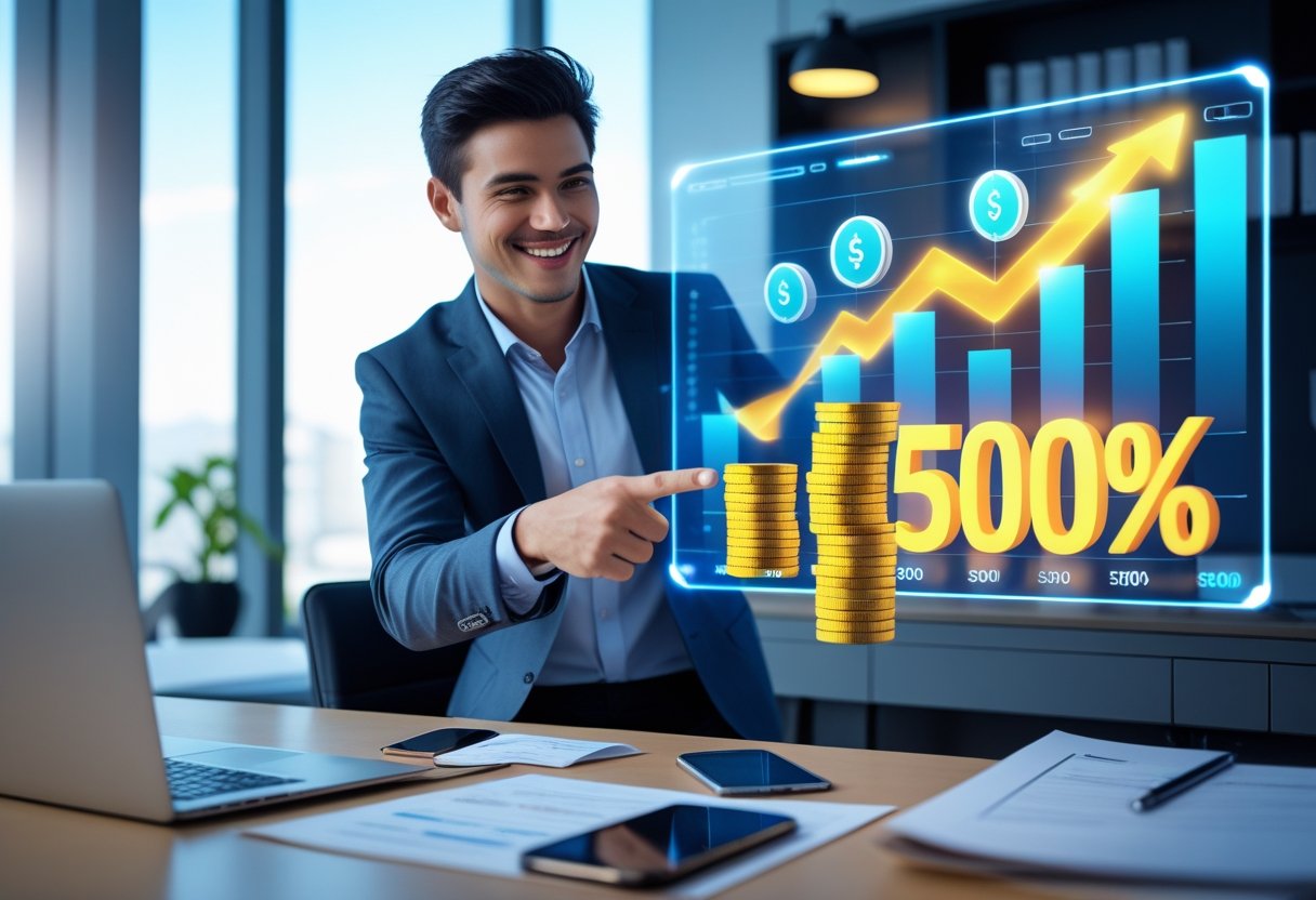 A young man in business casual pointing at a digital display with financial charts, coins, and a glowing 500% symbol in a modern office setting.