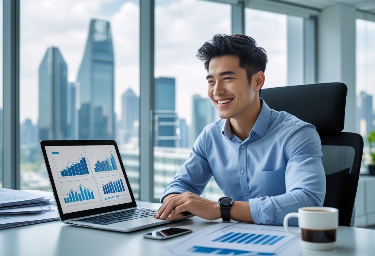 A young man smiling at a laptop in a bright office with financial charts on the screen and a city skyline visible through the window.