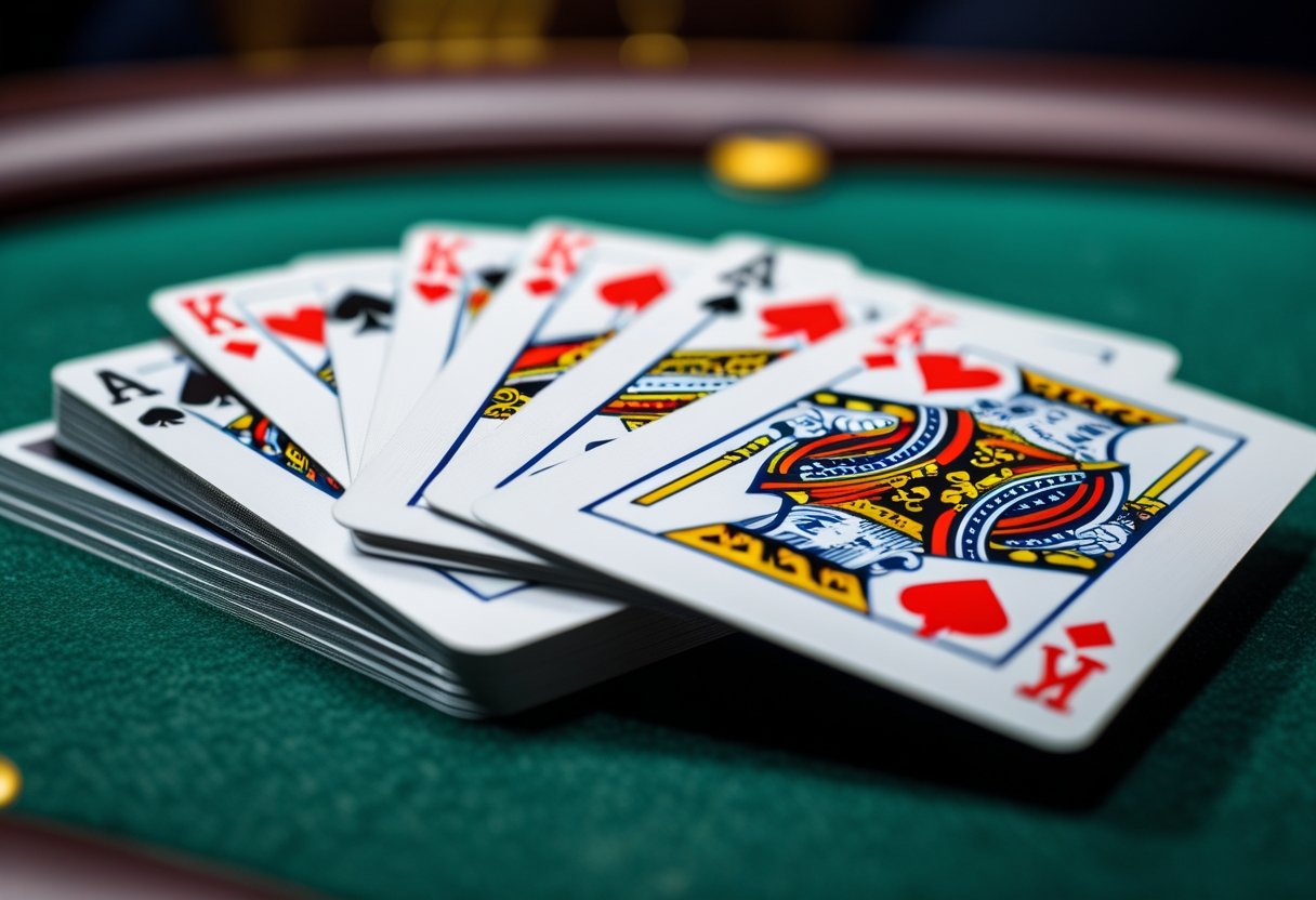 A close-up of casino playing cards spread out on a green felt table.