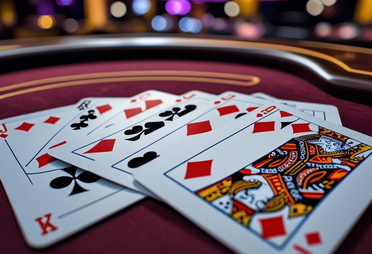 Close-up of casino playing cards spread out on a wooden table with a blurred casino background.