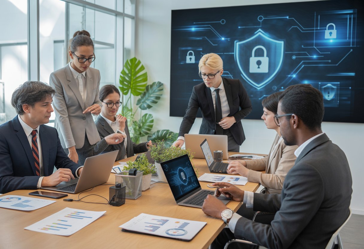Een groep diverse zakelijke professionals die samen aan een vergadertafel zit in een modern kantoor, met laptops en een scherm op de achtergrond dat beveiligingssymbolen toont.
