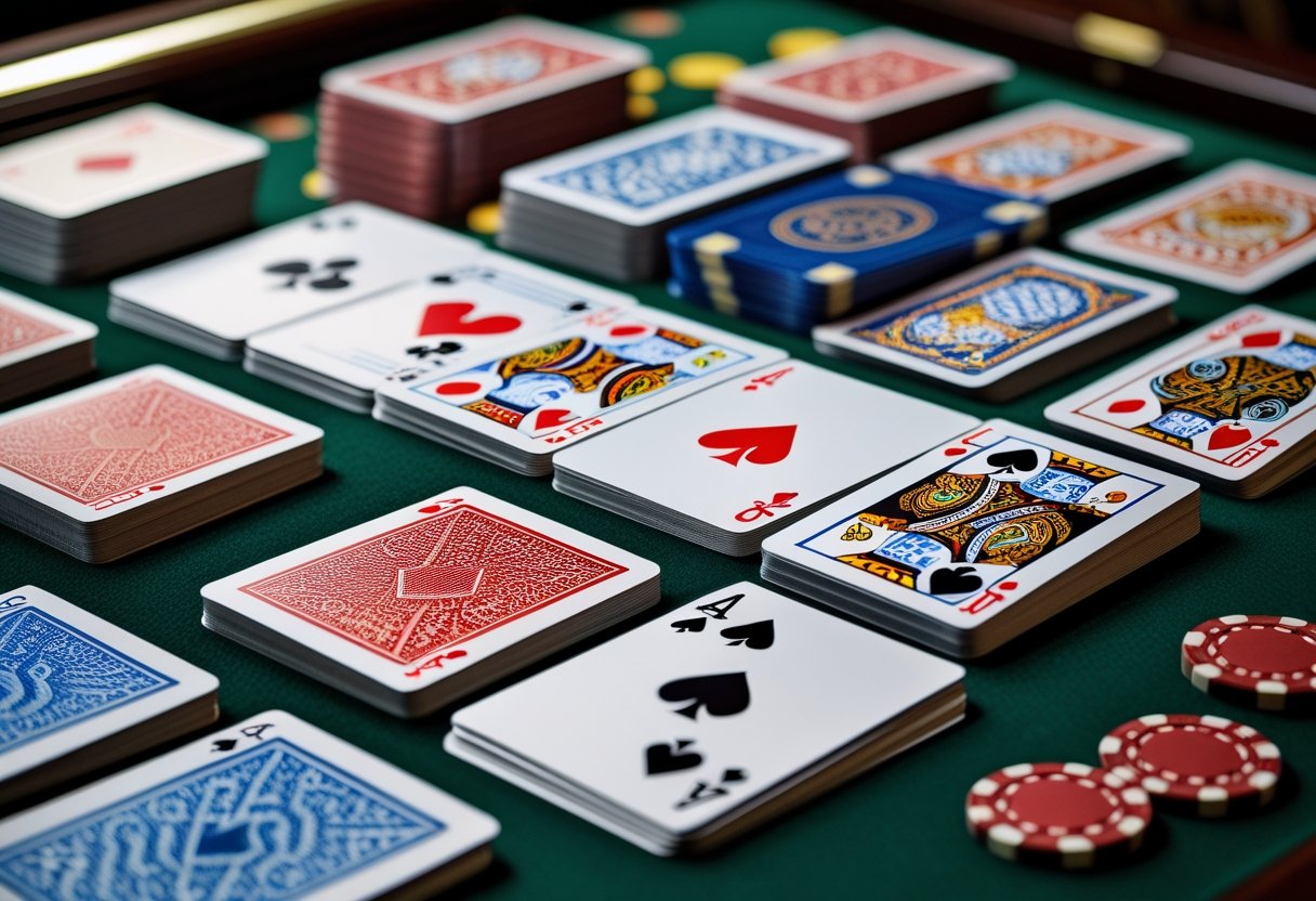 Various casino playing cards arranged on a wooden table with poker chips and a green felt surface in the background.