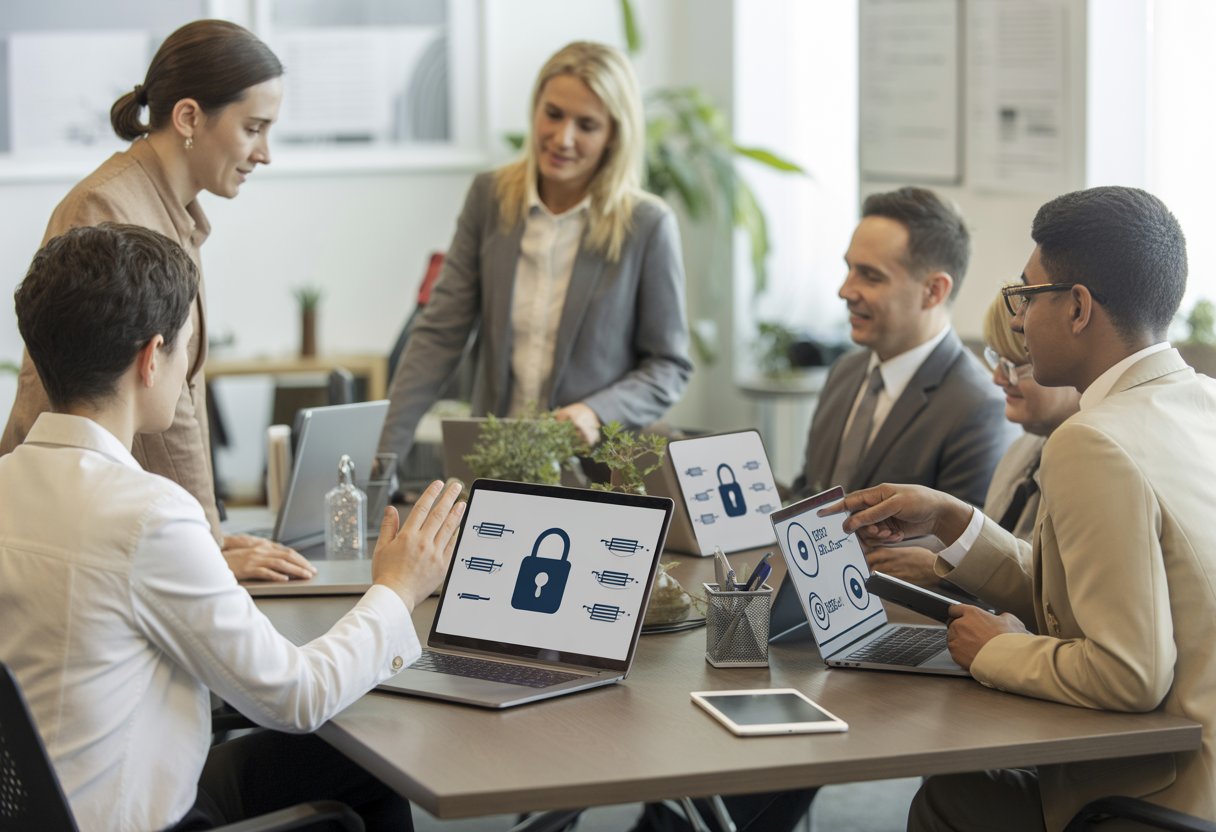 Een groep zakelijke professionals werkt samen aan een tafel in een moderne kantoorruimte, met digitale apparaten en symbolen die gegevensbeveiliging voorstellen.