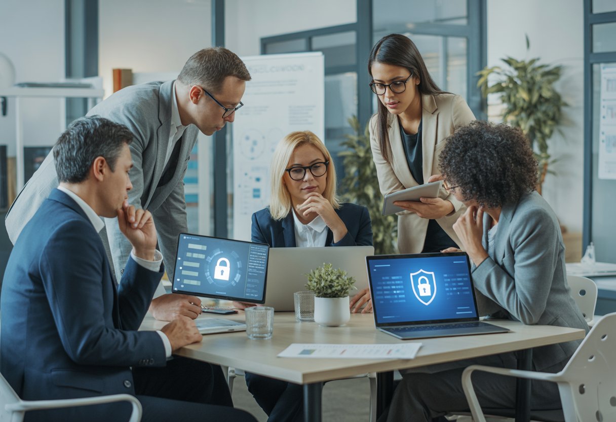 Een groep zakelijke professionals bespreekt privacy-uitdagingen in een moderne kantooromgeving.