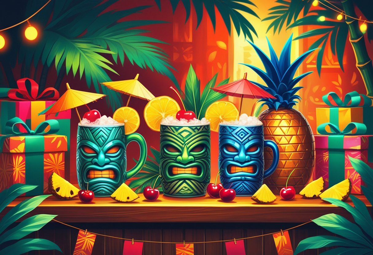 A festive scene showing colorful tiki mugs, tropical decorations, and wrapped gift boxes arranged on a wooden bar counter.