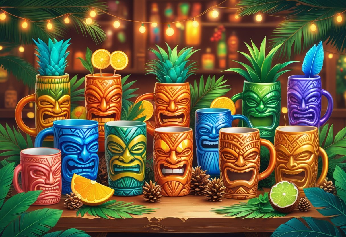 A collection of colorful tiki mugs and tropical cocktail ingredients arranged on a decorated wooden table with holiday ornaments and lights.