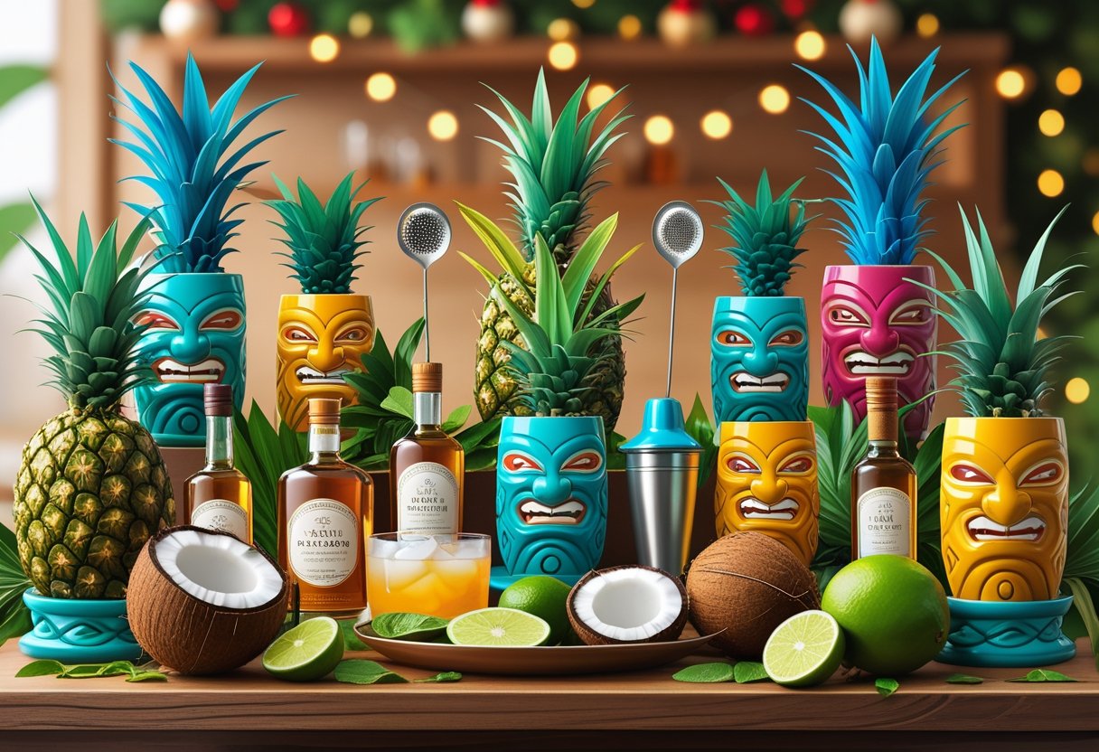 A holiday-themed scene showing tiki cocktail kits with colorful mugs, tropical fruits, bottles, and bartending tools arranged on a home bar counter.