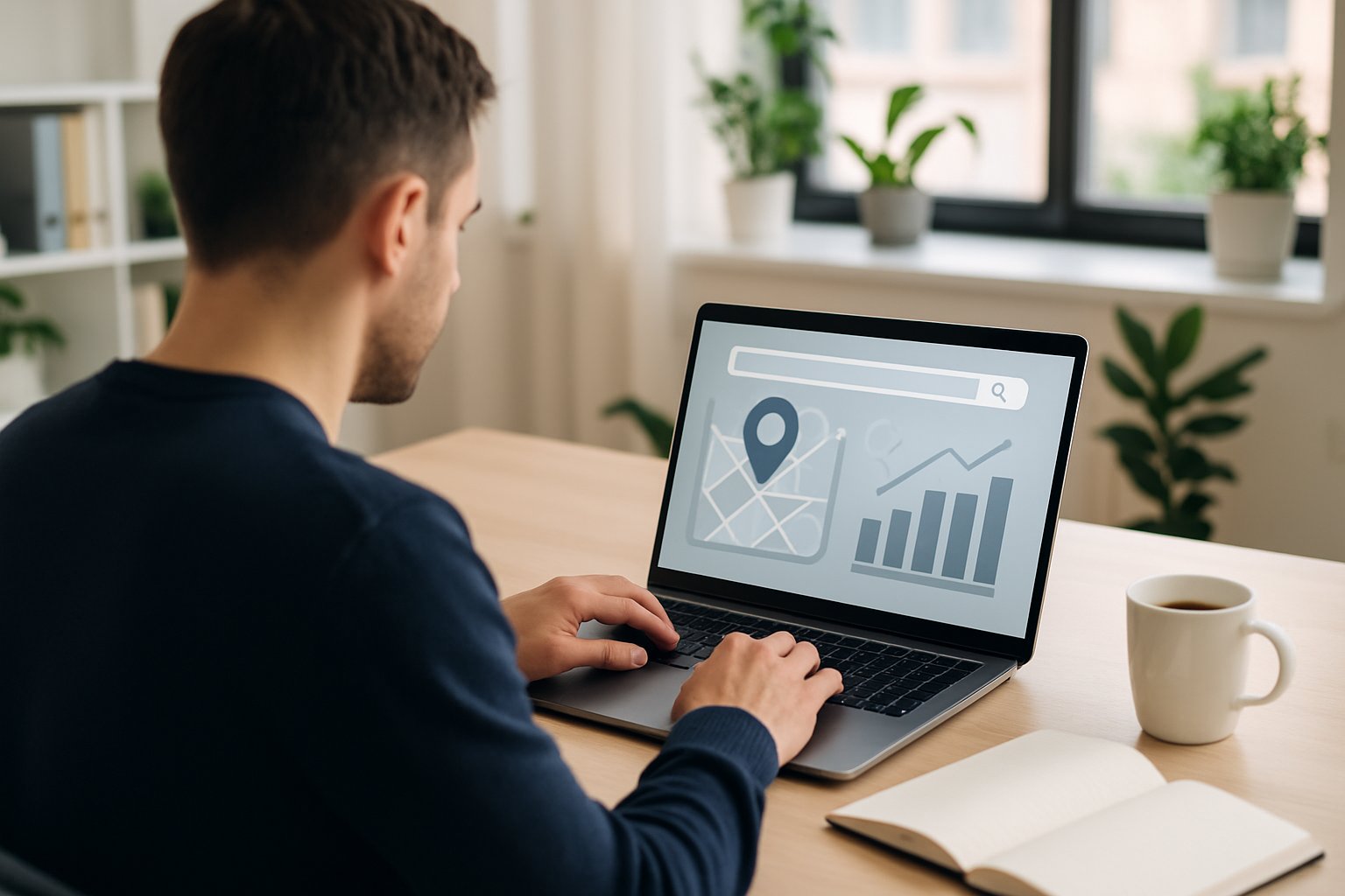 Person working on a laptop at a desk with a notebook, smartphone, and coffee in a bright office setting.