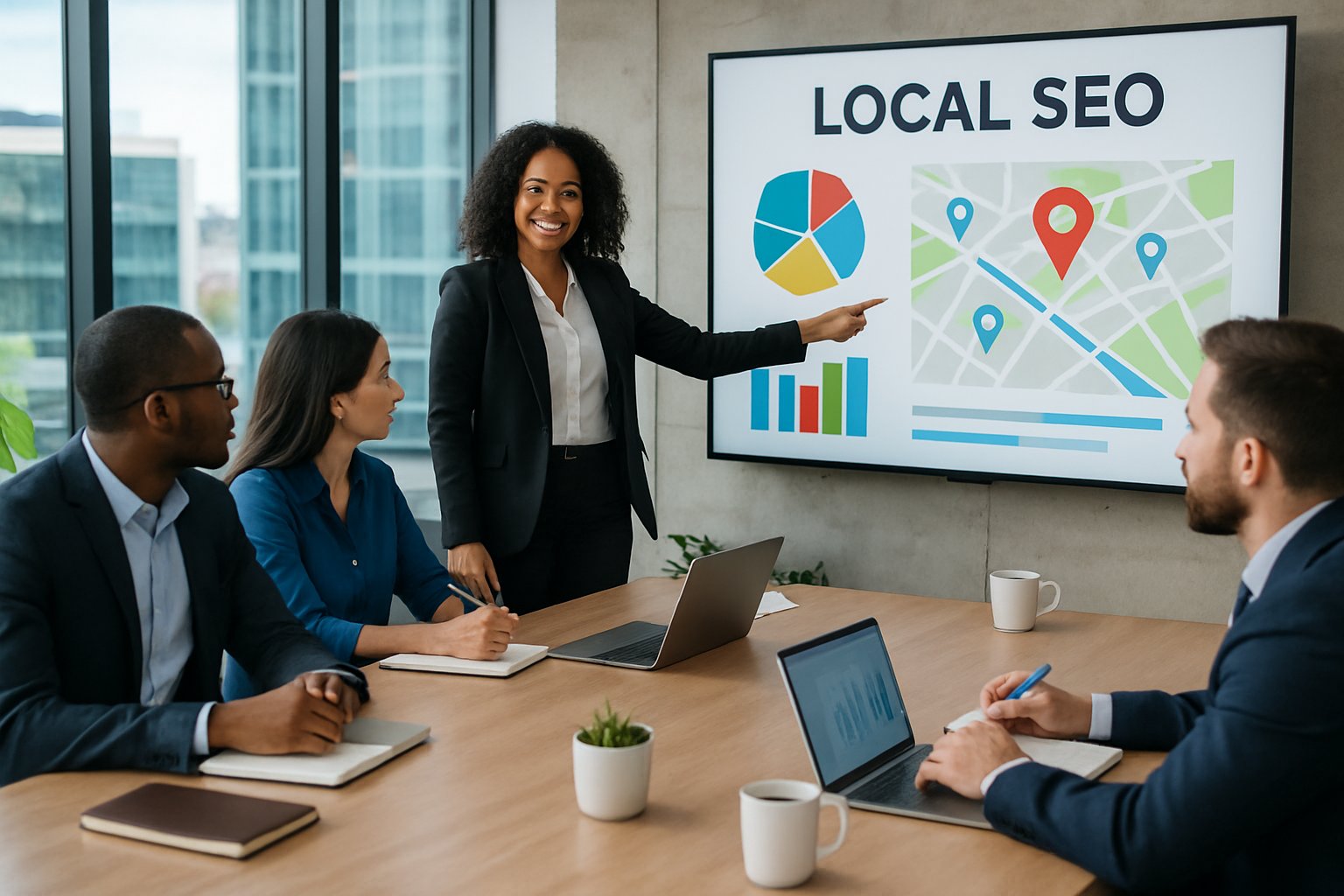 A group of business professionals in a bright office collaborating around a table with a digital screen showing charts and a local business map.