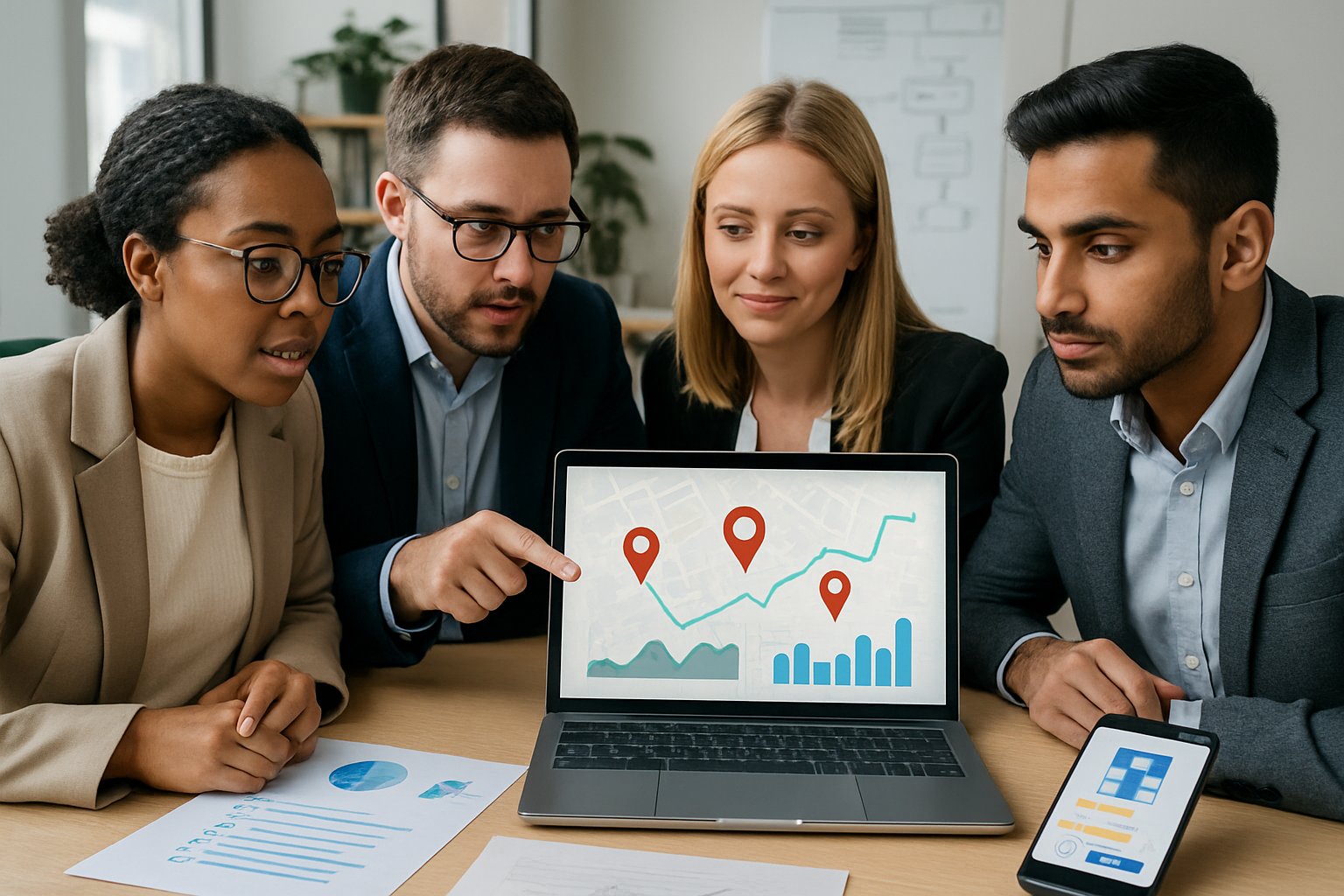 A group of business professionals collaborating around a laptop showing a digital map with location markers and charts in a modern office.