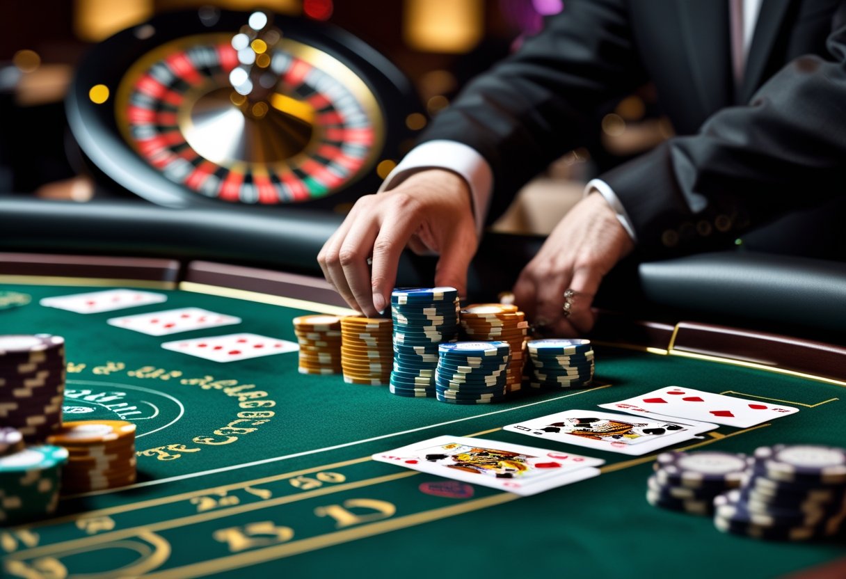 A casino table with poker chips, playing cards, a roulette wheel, and a dealer's hand placing chips on the green felt surface.
