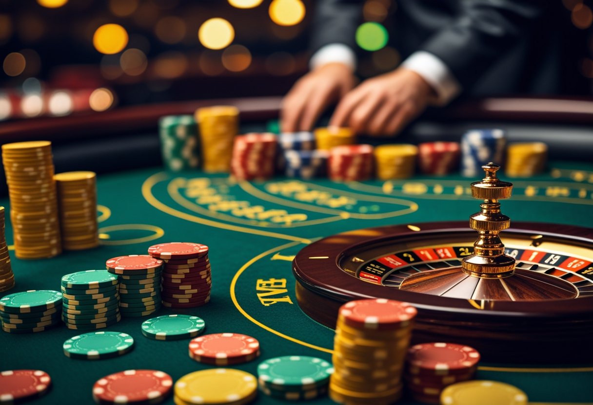 Close-up of a roulette wheel with chips stacked nearby and a dealer's hand placing bets at a casino table.