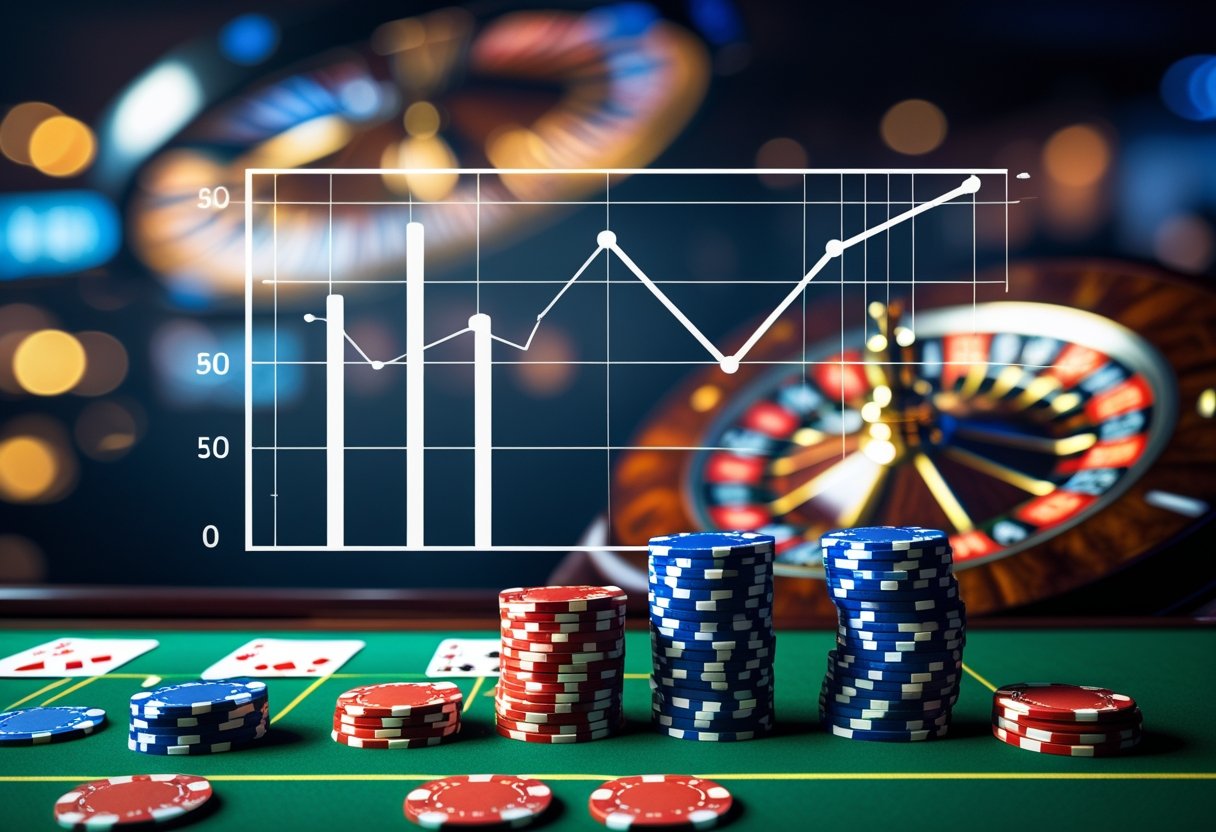 Close-up of a casino table with poker chips, playing cards, and a roulette wheel, with a subtle graph overlay representing casino house edge.