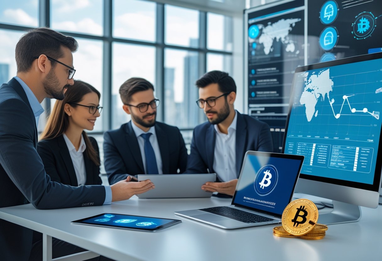 Business professionals reviewing digital documents and cryptocurrency data in a modern office.