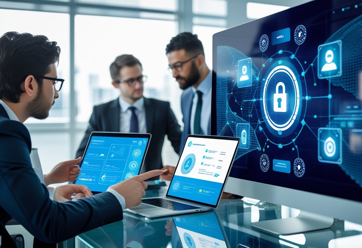 A group of professionals in an office reviewing digital devices displaying cryptocurrency data and identity verification symbols.