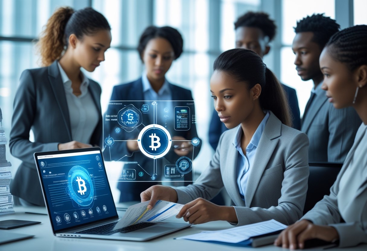 A businesswoman verifying identification documents on a laptop with colleagues discussing data and security in a modern office setting with cryptocurrency symbols in the background.