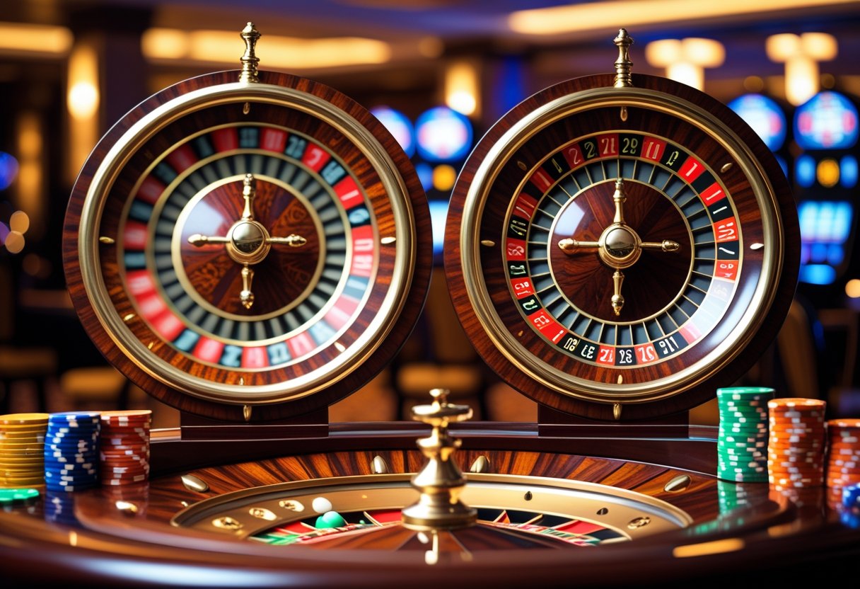 Two roulette wheels side by side on a casino table, one European with a single zero and one American with a single and double zero, surrounded by colorful chips.