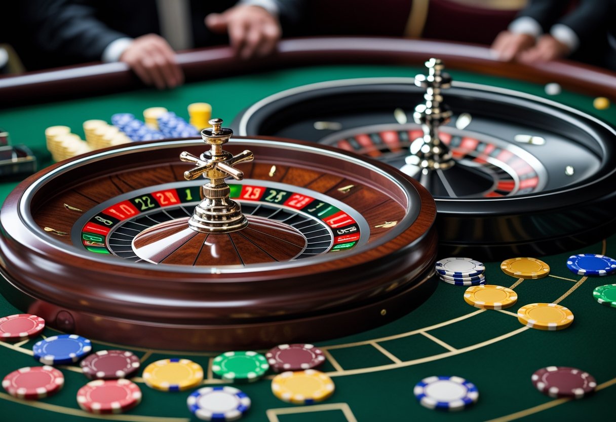 Close-up of two roulette wheels side by side on a casino table, one with a single zero and the other with single and double zeros.