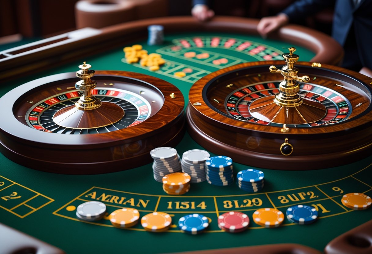Two roulette wheels side by side on a casino table, one with double zero slots and one with a single zero, surrounded by colorful betting chips.