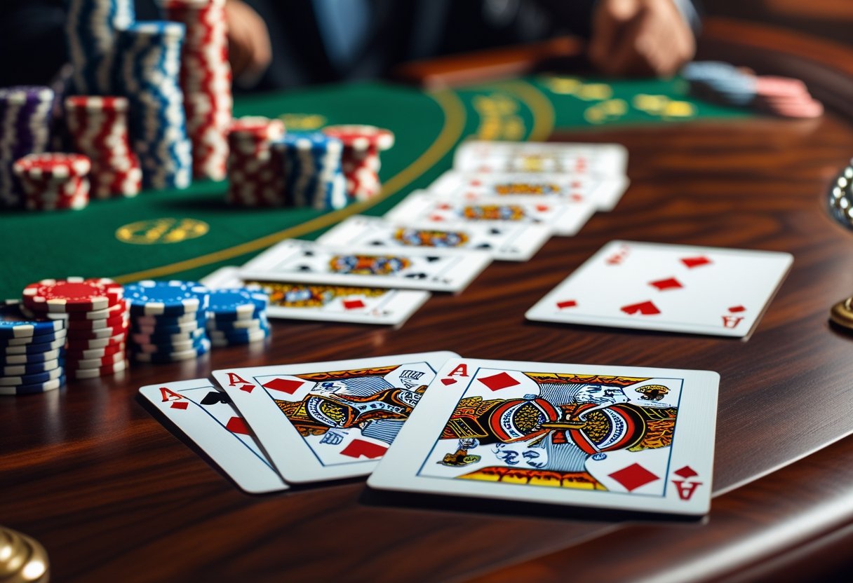 Close-up of baccarat playing cards arranged on a casino table with poker chips nearby.