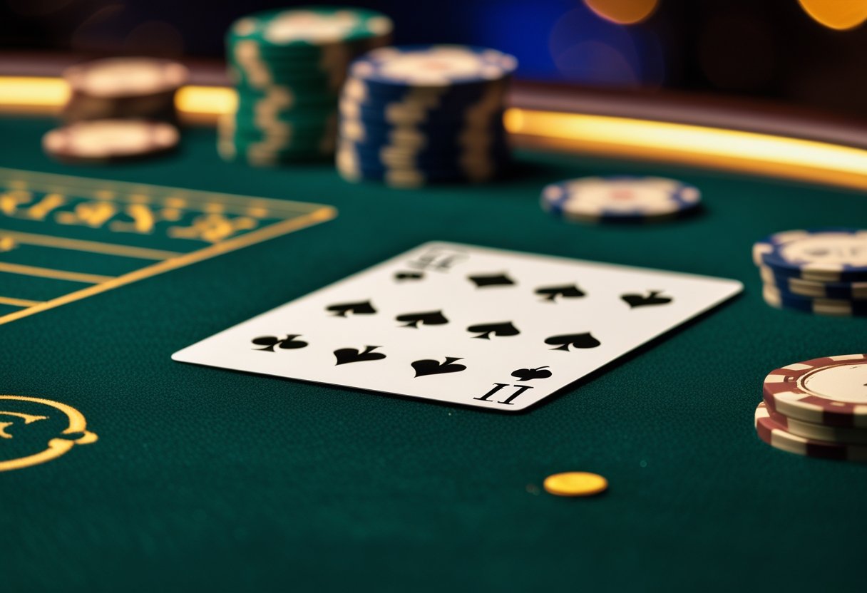 Close-up of a baccarat card on a casino table with chips and soft lighting in the background.