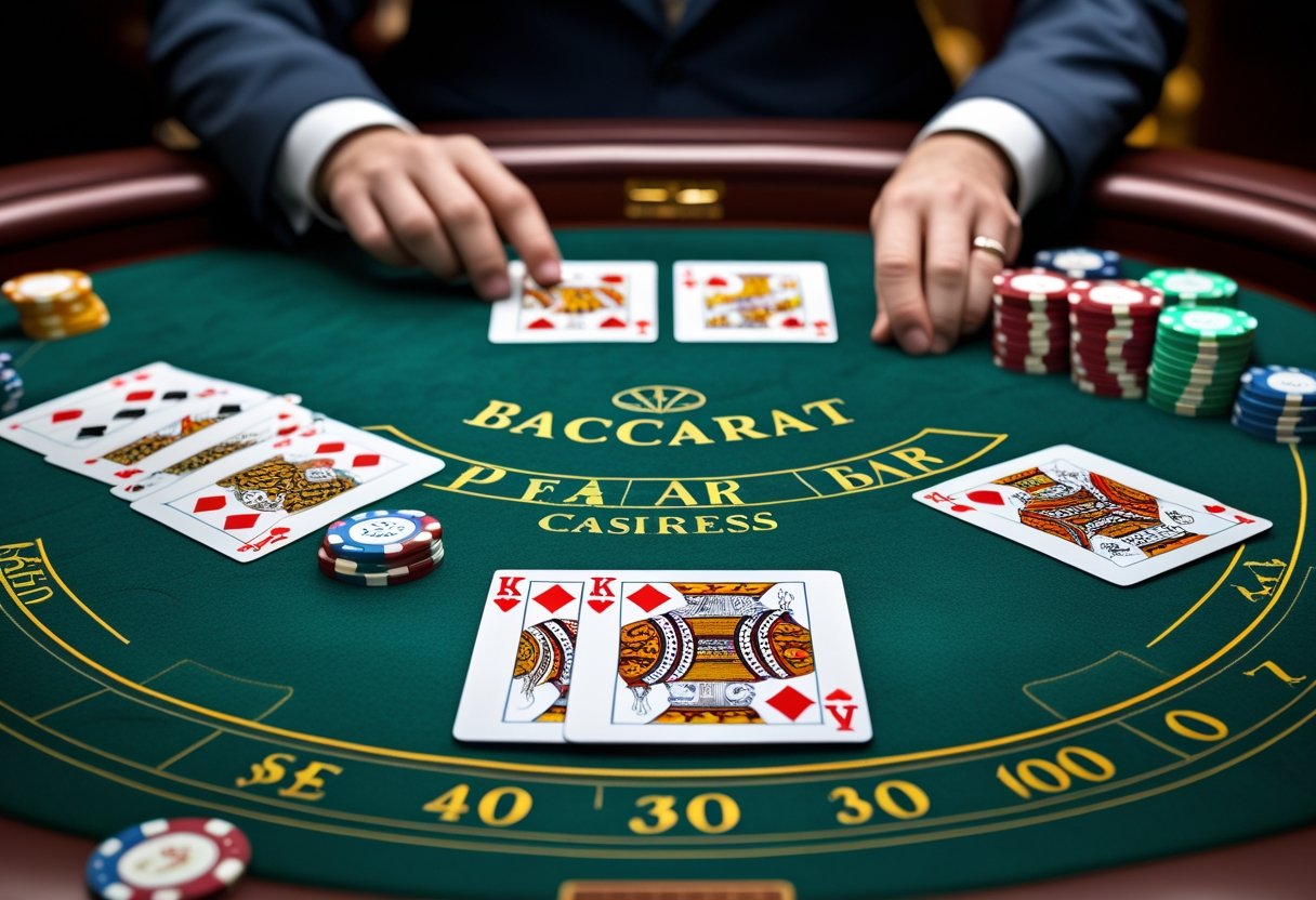 A baccarat game in progress showing playing cards and casino chips on a green felt table with a dealer's hand placing a card.