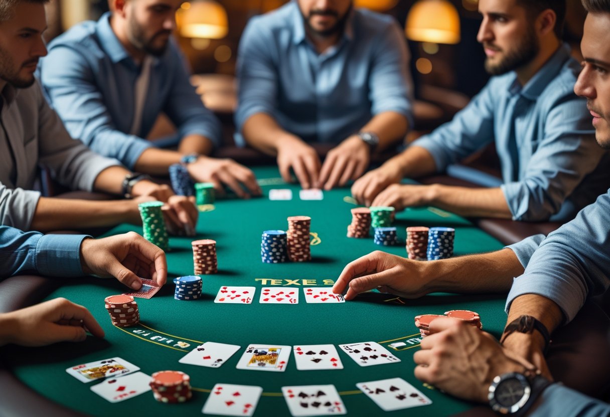 A group of people playing Texas hold’em poker around a green felt table with poker chips and cards.