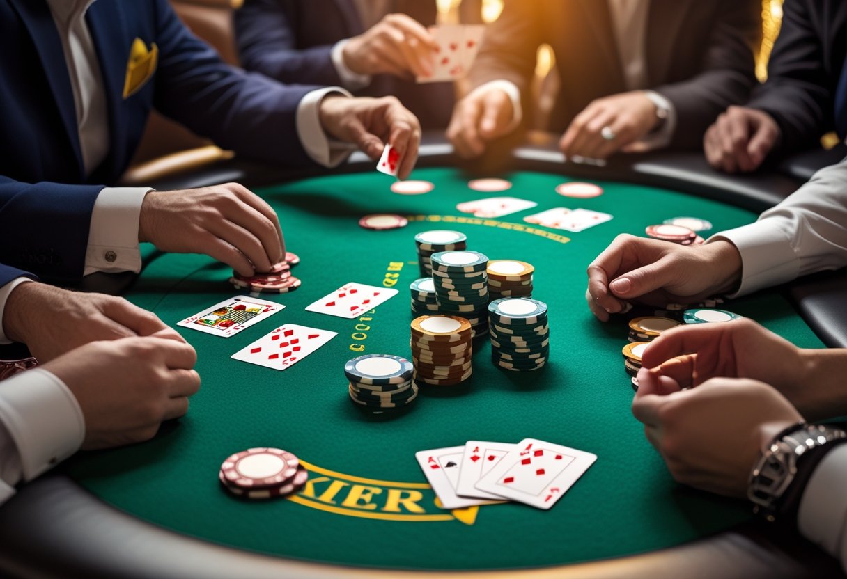 A close-up view of a Texas Hold’em poker game with players' hands holding cards and poker chips on a green felt table.