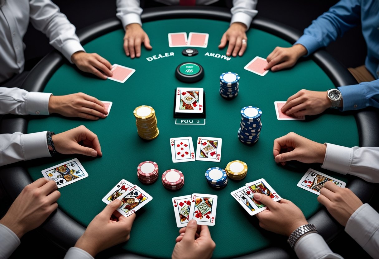A Texas hold’em poker table with playing cards, poker chips, and players’ hands holding cards around the table.