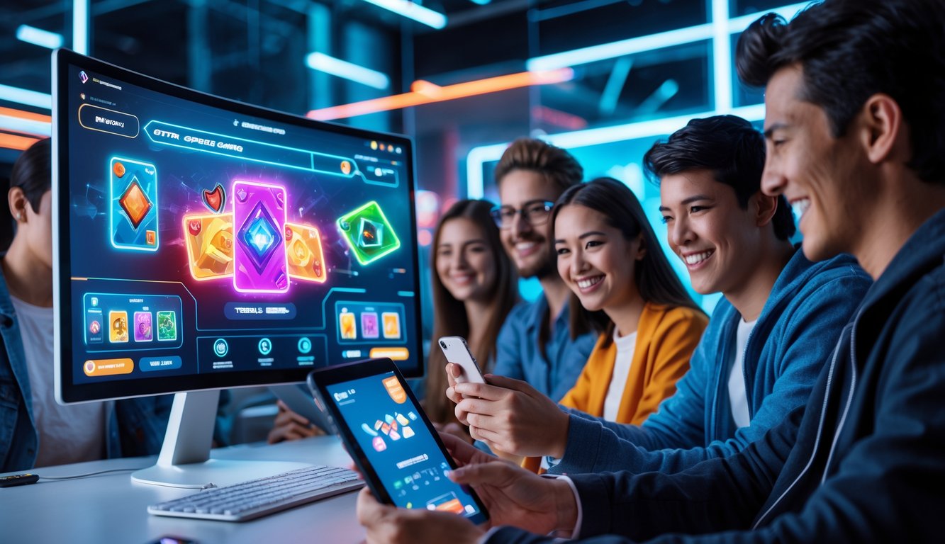 Beberapa orang muda sedang bermain permainan kartu online di ruang kerja modern dengan monitor besar dan perangkat digital.