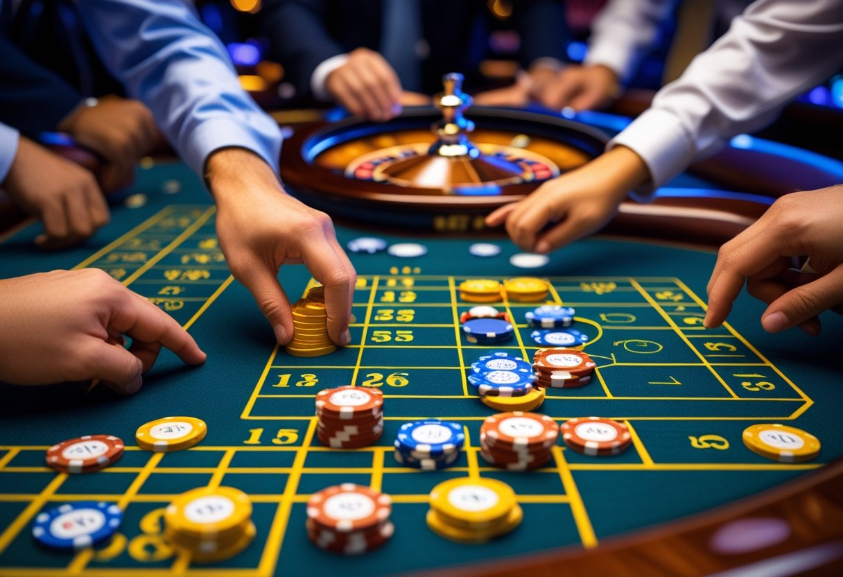 Close-up of several people placing colorful chips on a roulette table near a spinning roulette wheel.