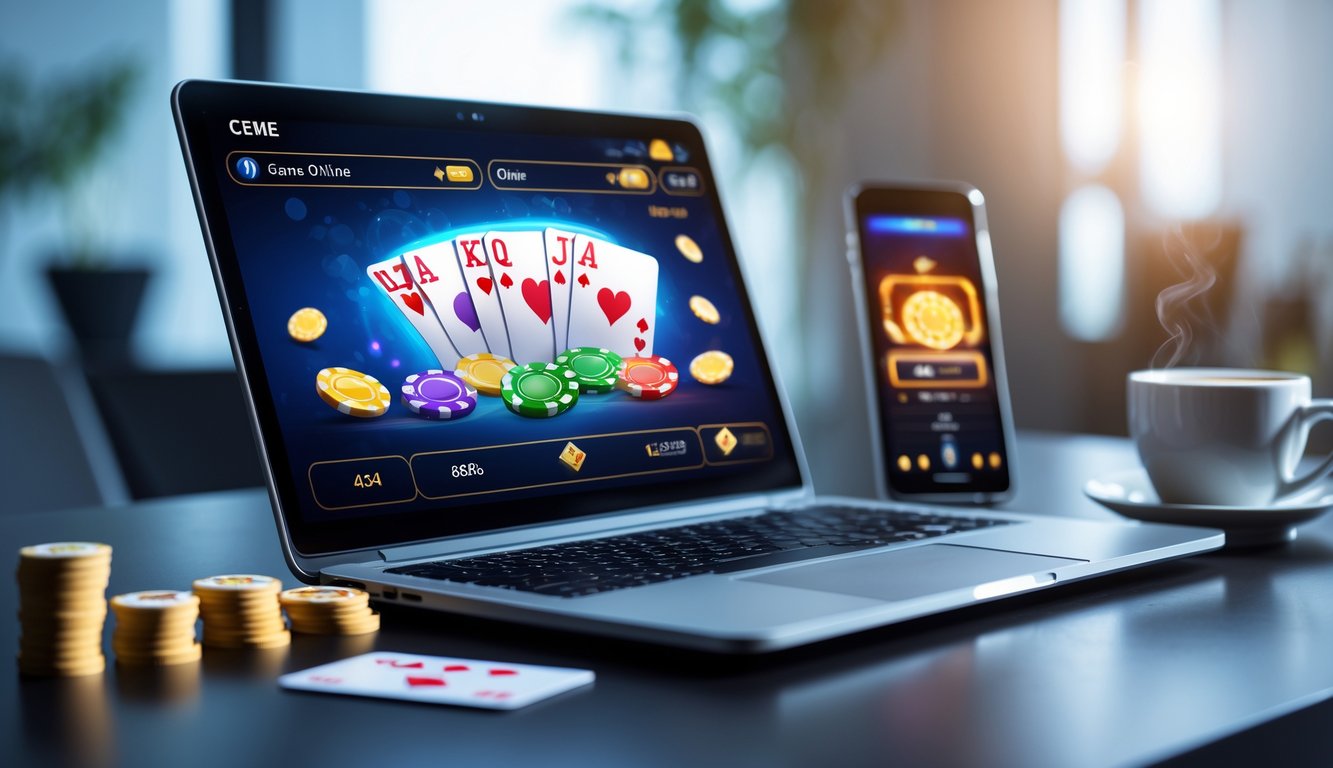 Seorang pemain sedang menggunakan laptop untuk bermain permainan kartu online dengan tumpukan chip di meja.