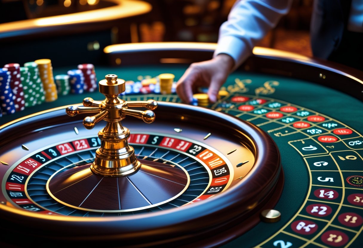 Close-up of a roulette wheel with chips placed on the betting layout and a dealer's hand placing chips near the wheel.
