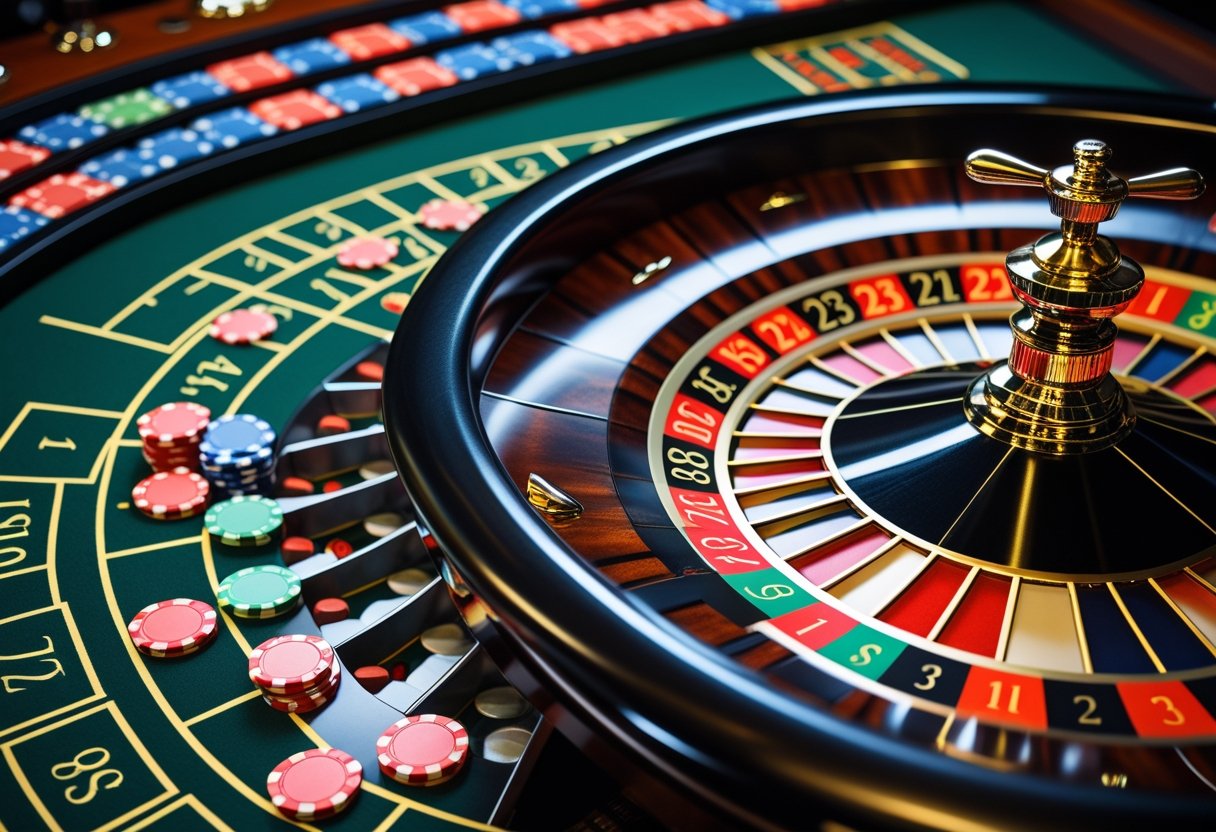 A roulette wheel and betting table showing chips placed on neighbor bets around the wheel.