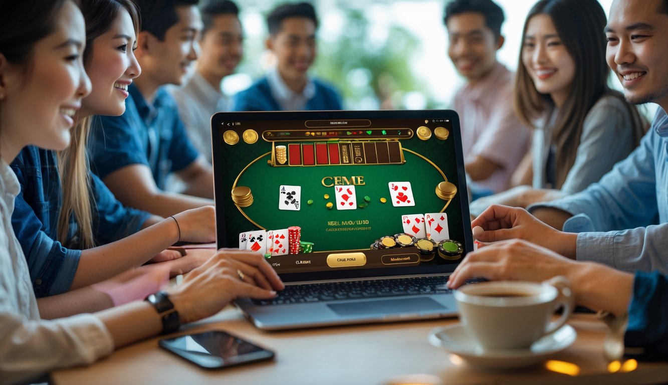 Beberapa orang muda sedang bermain permainan Ceme online menggunakan laptop di sebuah meja kerja yang rapi.