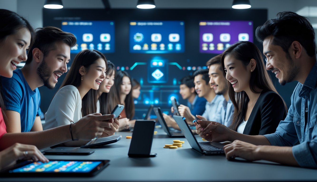 Sekelompok orang muda menggunakan perangkat digital di ruang kantor modern untuk bermain permainan Ceme online.