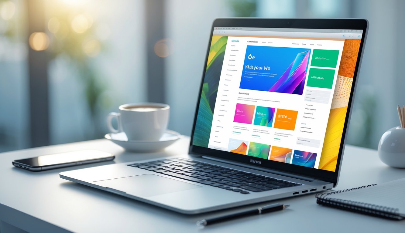 Meja kerja modern dengan laptop menampilkan antarmuka situs web berwarna, dikelilingi oleh smartphone, cangkir kopi, dan buku catatan.