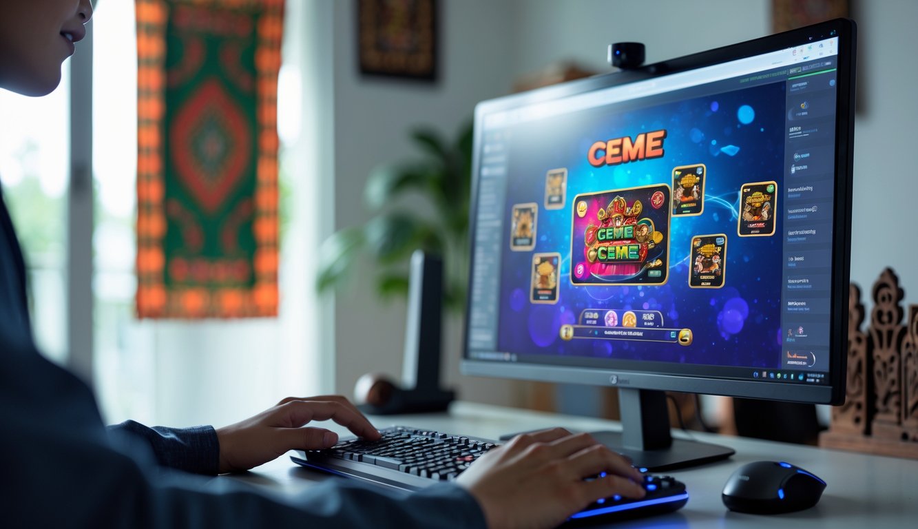 Seorang pemain muda sedang bermain game kartu tradisional Ceme secara online di depan komputer dengan suasana ruangan yang rapi dan pencahayaan terang.