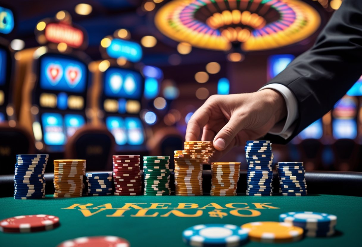 Close-up of a dealer's hand collecting poker chips on a poker table with casino elements in the background.