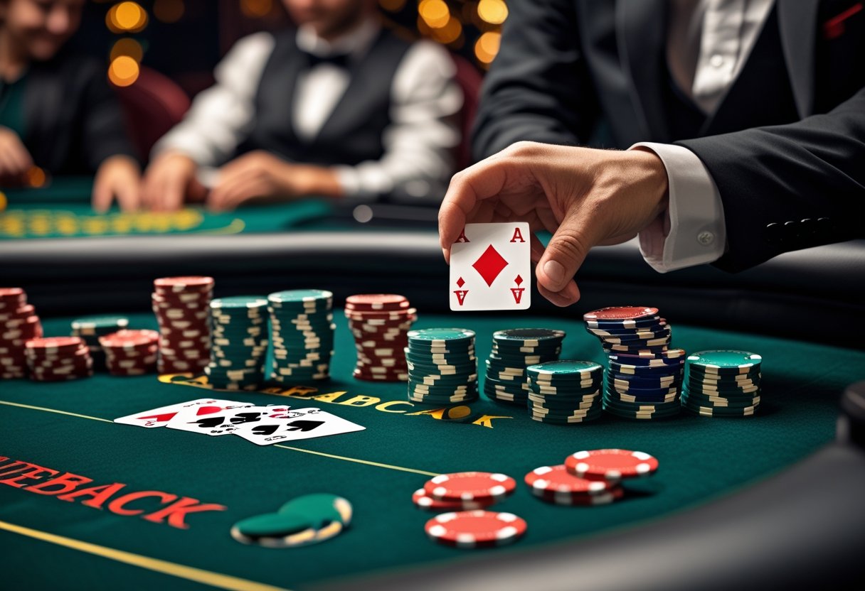 Close-up of a poker table with chips and cards, a dealer's hand dealing cards, and blurred players in the background at a casino.