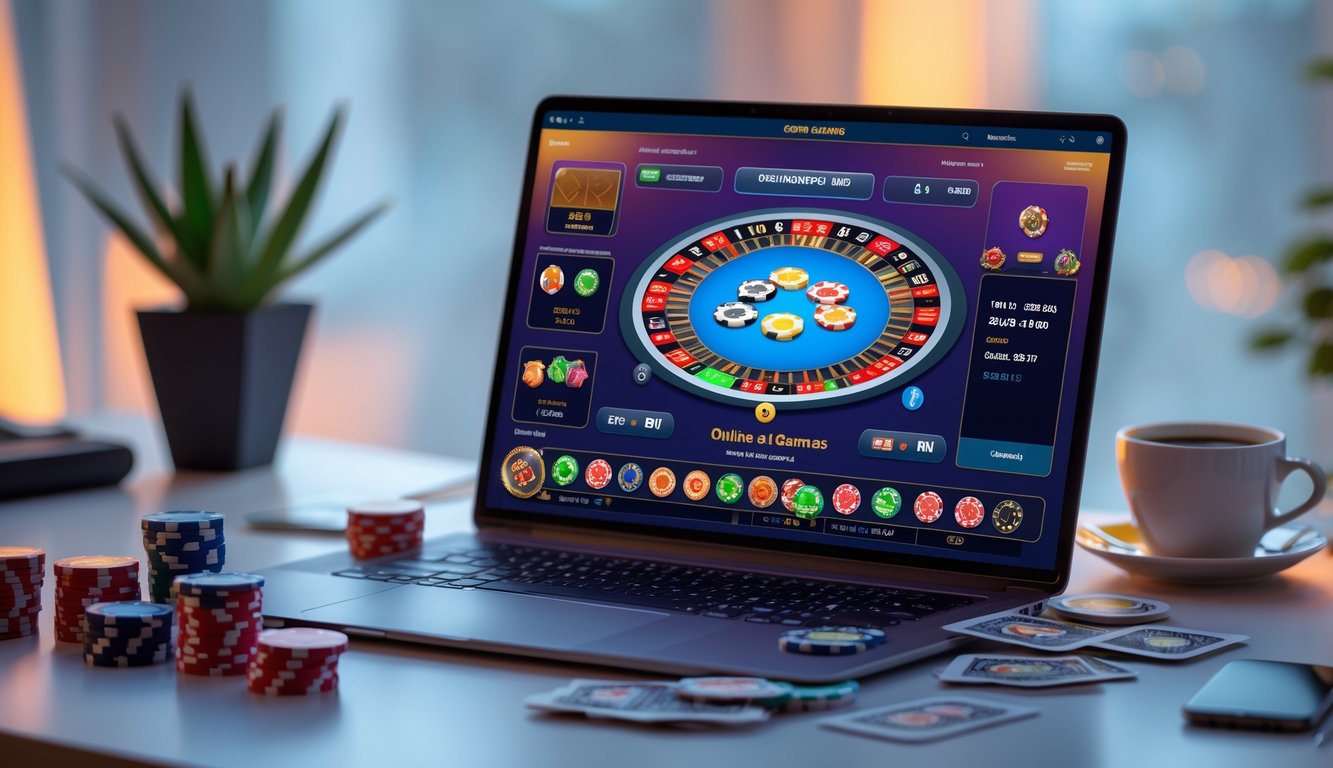 Meja dengan laptop menampilkan permainan kartu online, dikelilingi oleh chip poker dan ponsel, suasana hangat dan fokus pada permainan.