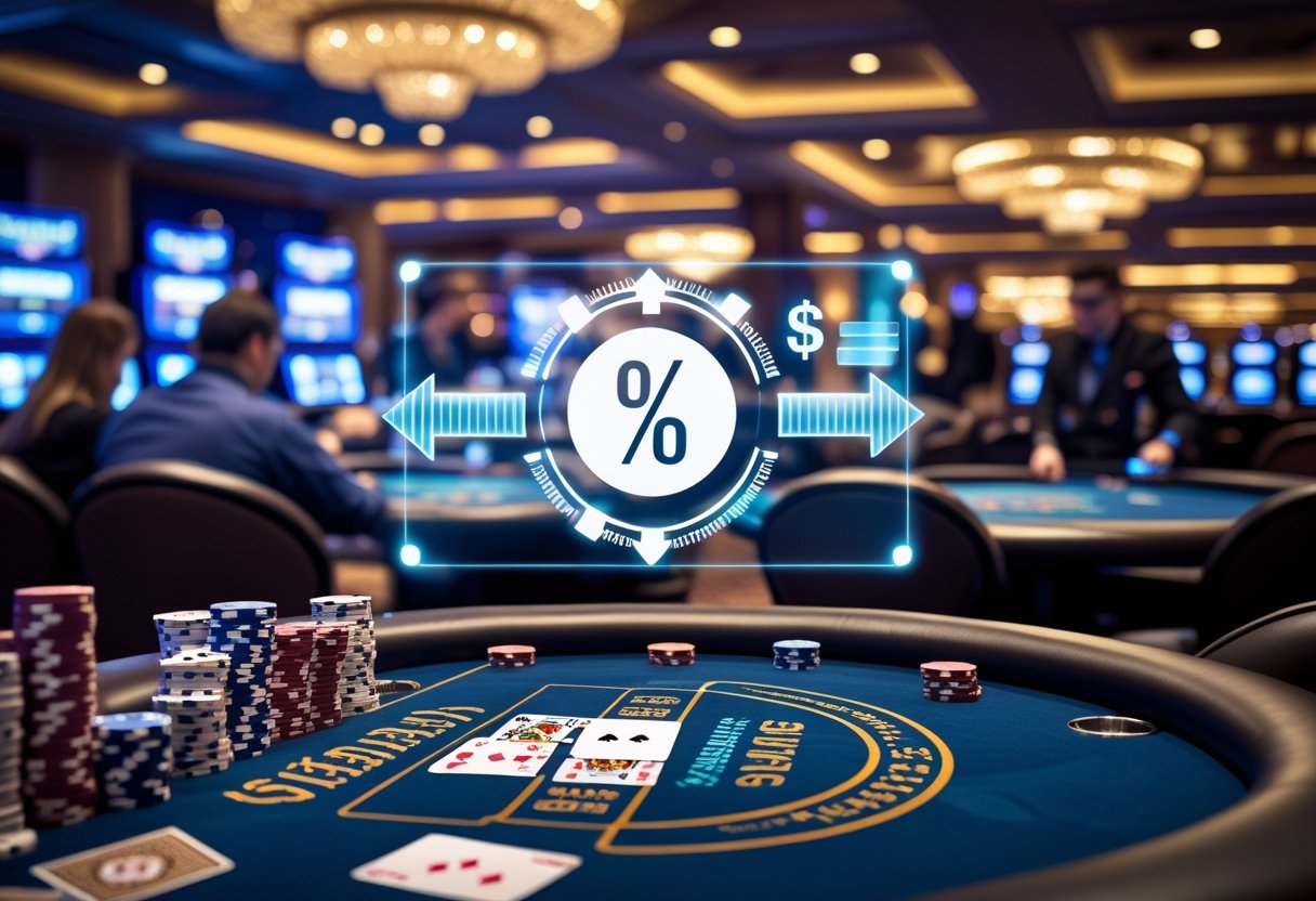 A casino poker table with players, chips, and cards, showing a digital graphic symbolizing money flowing back to players.