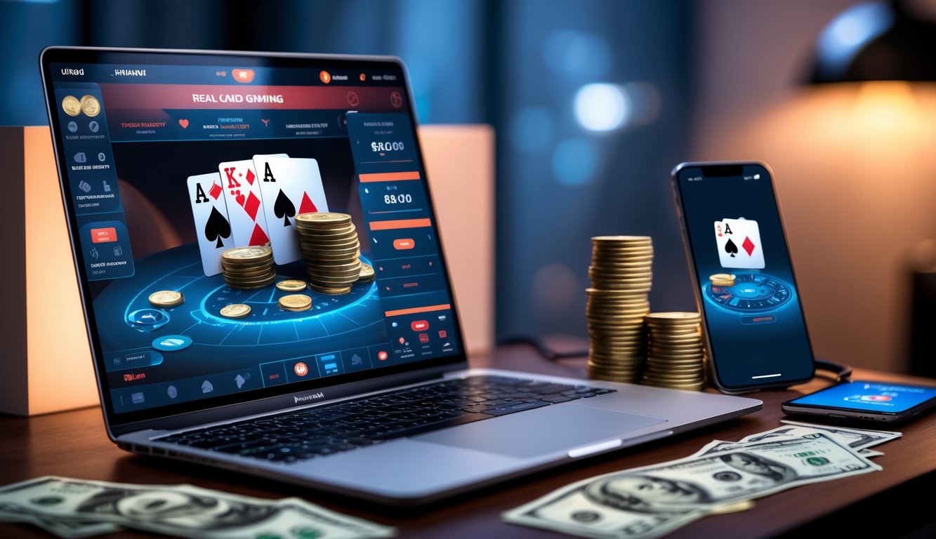 Seorang pengguna sedang bermain permainan kartu online dengan uang asli menggunakan laptop dan ponsel di meja kerja.