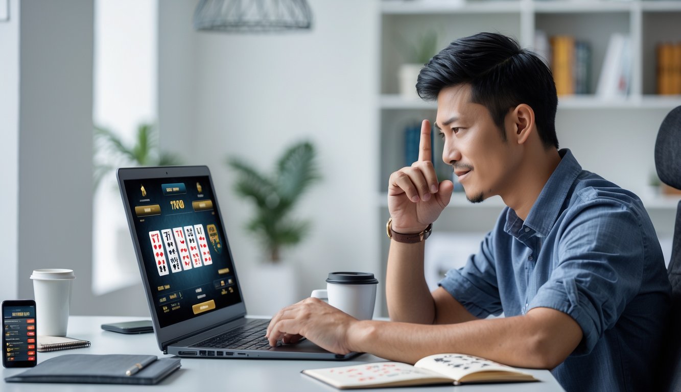 Seorang pria muda duduk di meja dengan laptop terbuka menampilkan permainan kartu online, tampak fokus dan percaya diri dalam suasana kantor rumah yang rapi.