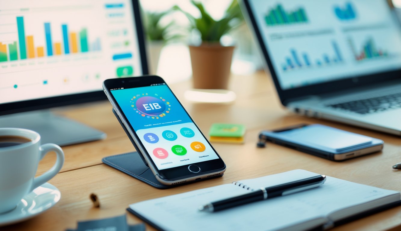 Sebuah ponsel pintar di atas meja kayu dengan aplikasi dompet digital terbuka, dikelilingi oleh laptop, cangkir kopi, dan alat tulis.