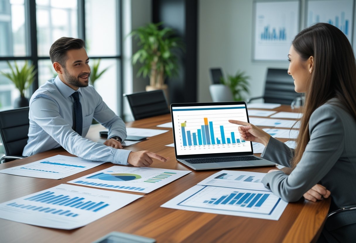 Two business professionals discussing data at a conference table with charts and a laptop in a bright office.