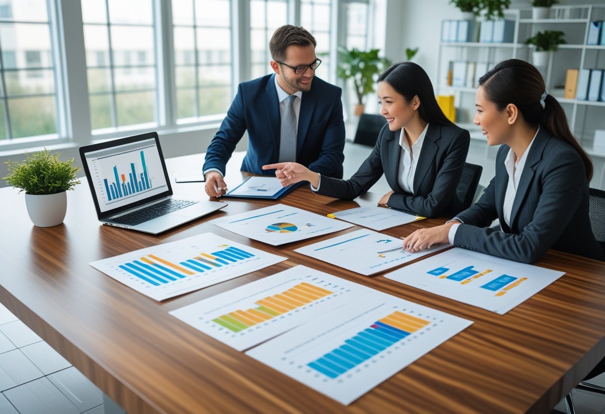 Two business professionals discussing charts and data on a table in a bright office conference room.