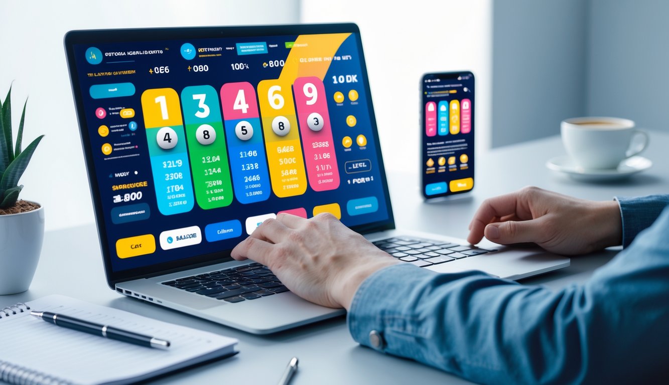 Seorang pengguna berinteraksi dengan laptop yang menampilkan situs lotere online di meja kerja yang rapi.