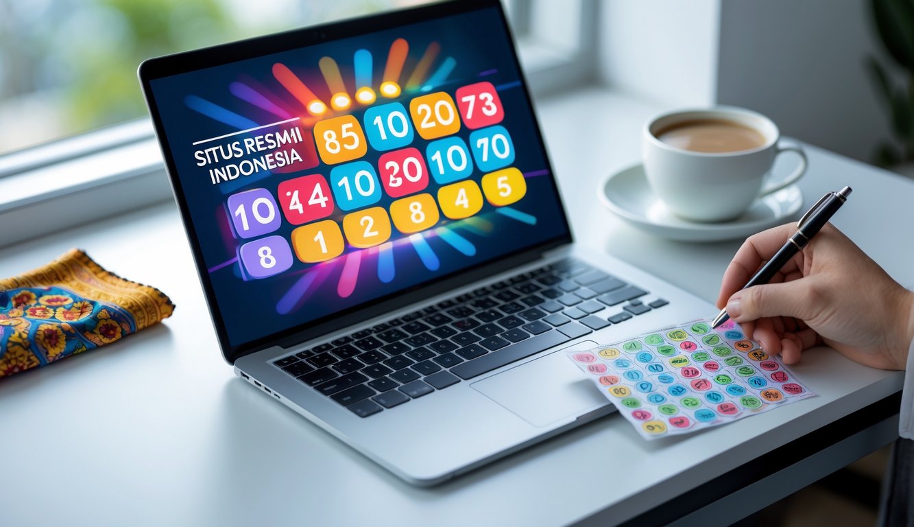 Sebuah meja kerja dengan laptop yang menampilkan pola angka lotre, tangan memegang pena di atas tiket lotre, dan elemen budaya Indonesia di latar belakang.